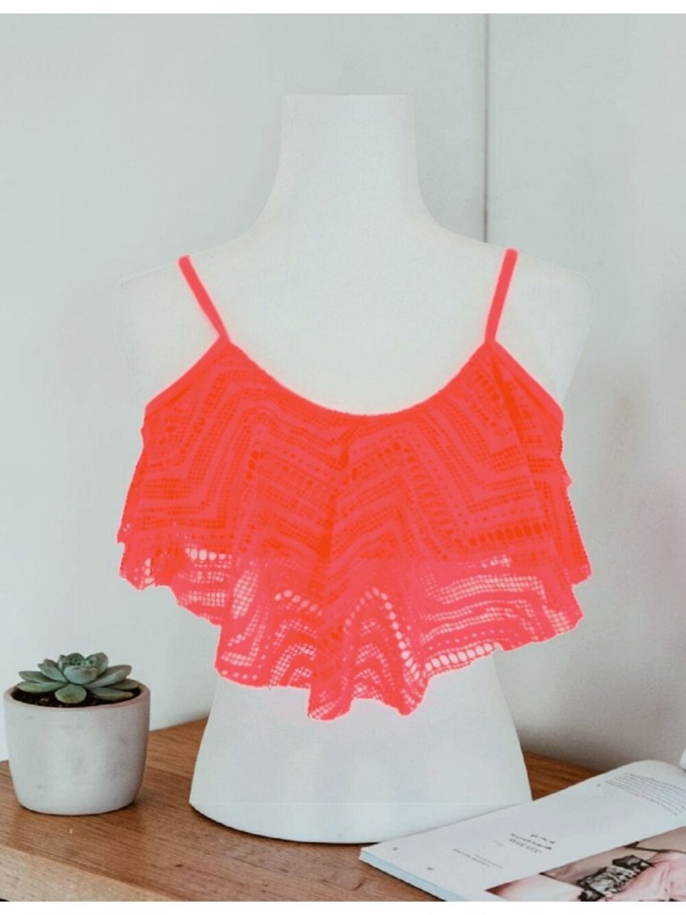 Coral Laser-Cut Ruffle Bikini Top With Adjustable Straps Lightweight & Trendy Sw